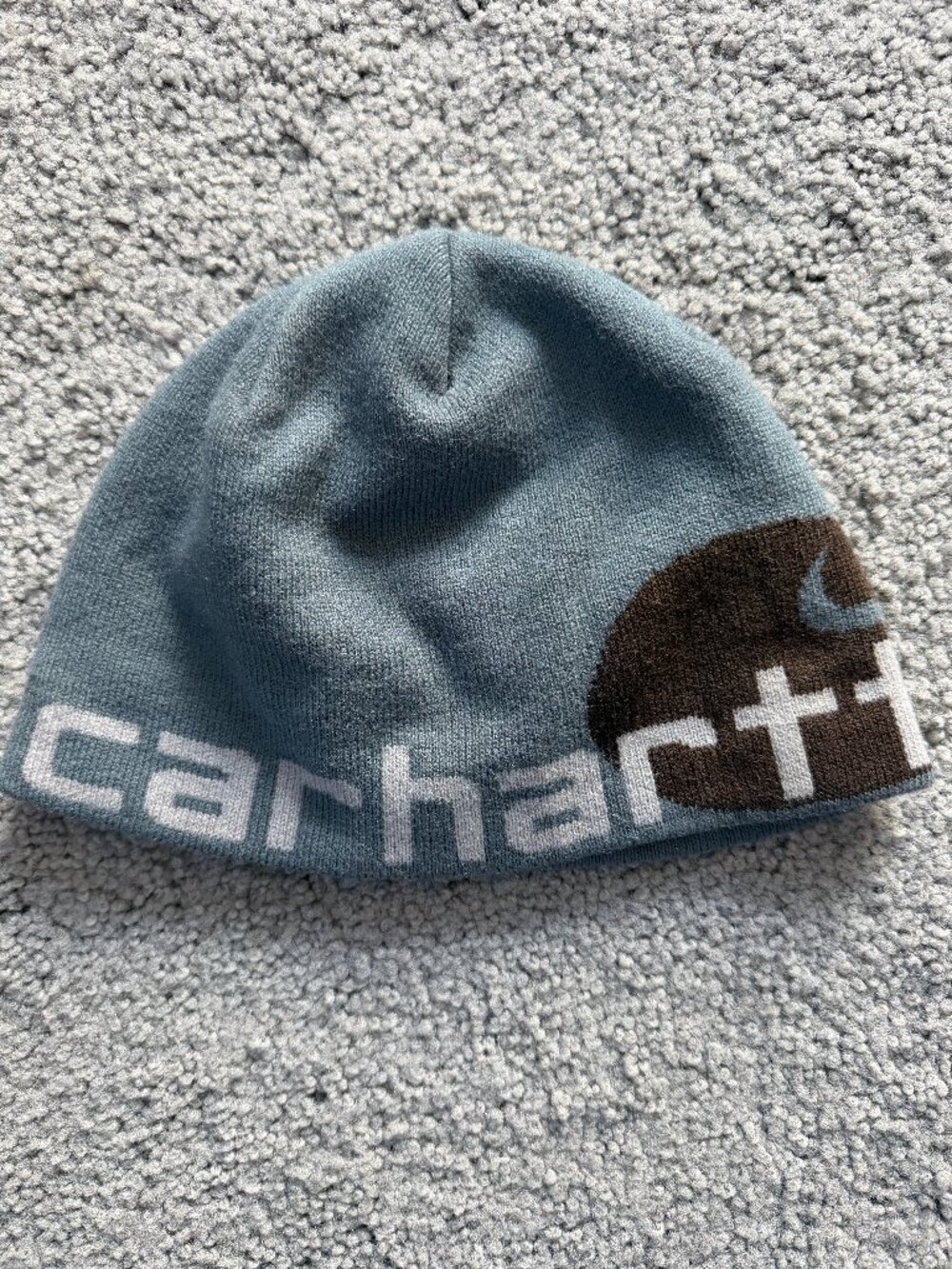Carhartt Script Wrap Logo Knit Beanie Hat Blue Grey - Excellent Pre-Owned Cond.